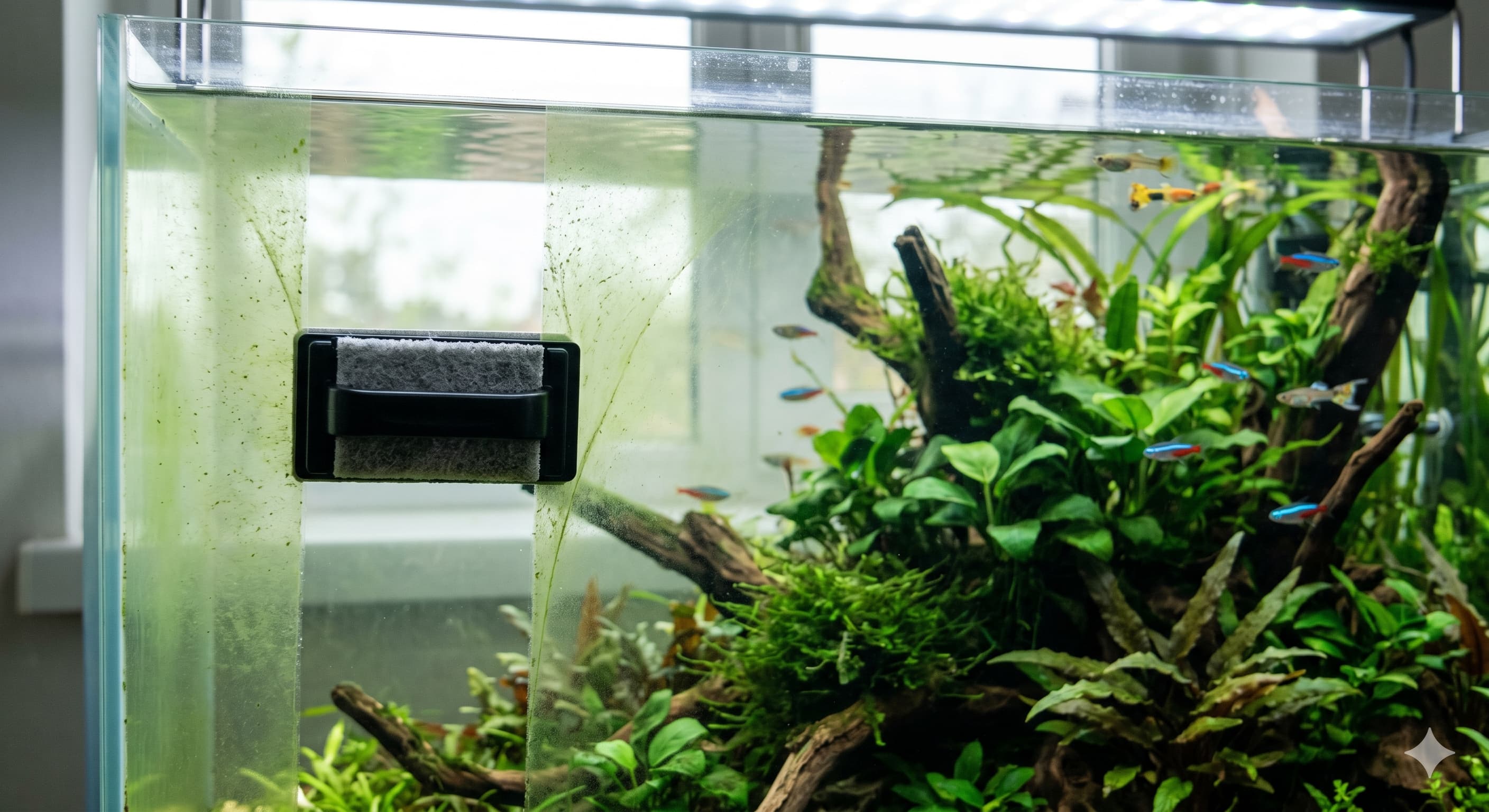 Raclette aimantée nettoyant le voile vert sur la vitre d'un aquarium