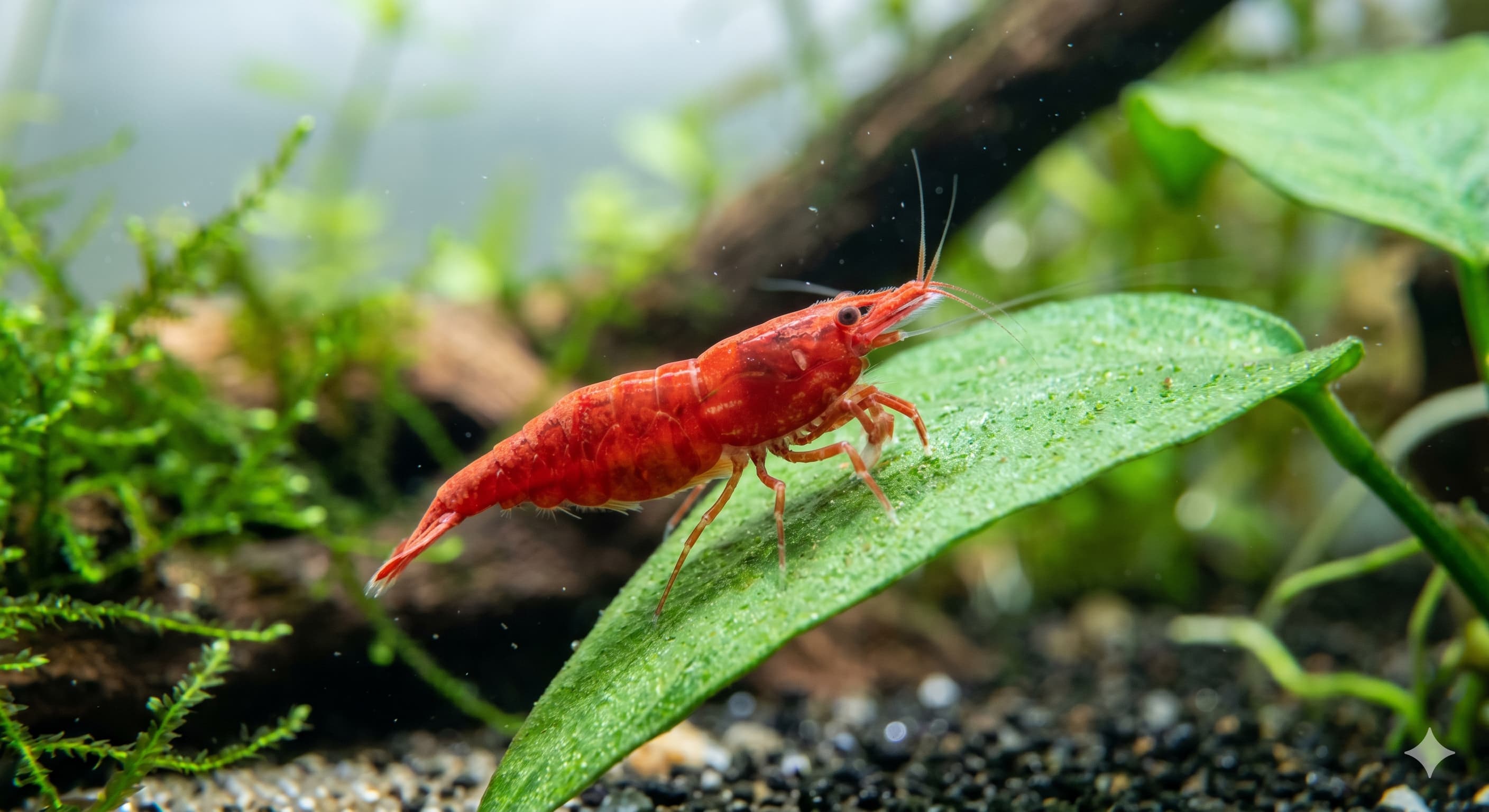 Crevettes Red Cherry broutant le biofilm sur une feuille d'aquarium