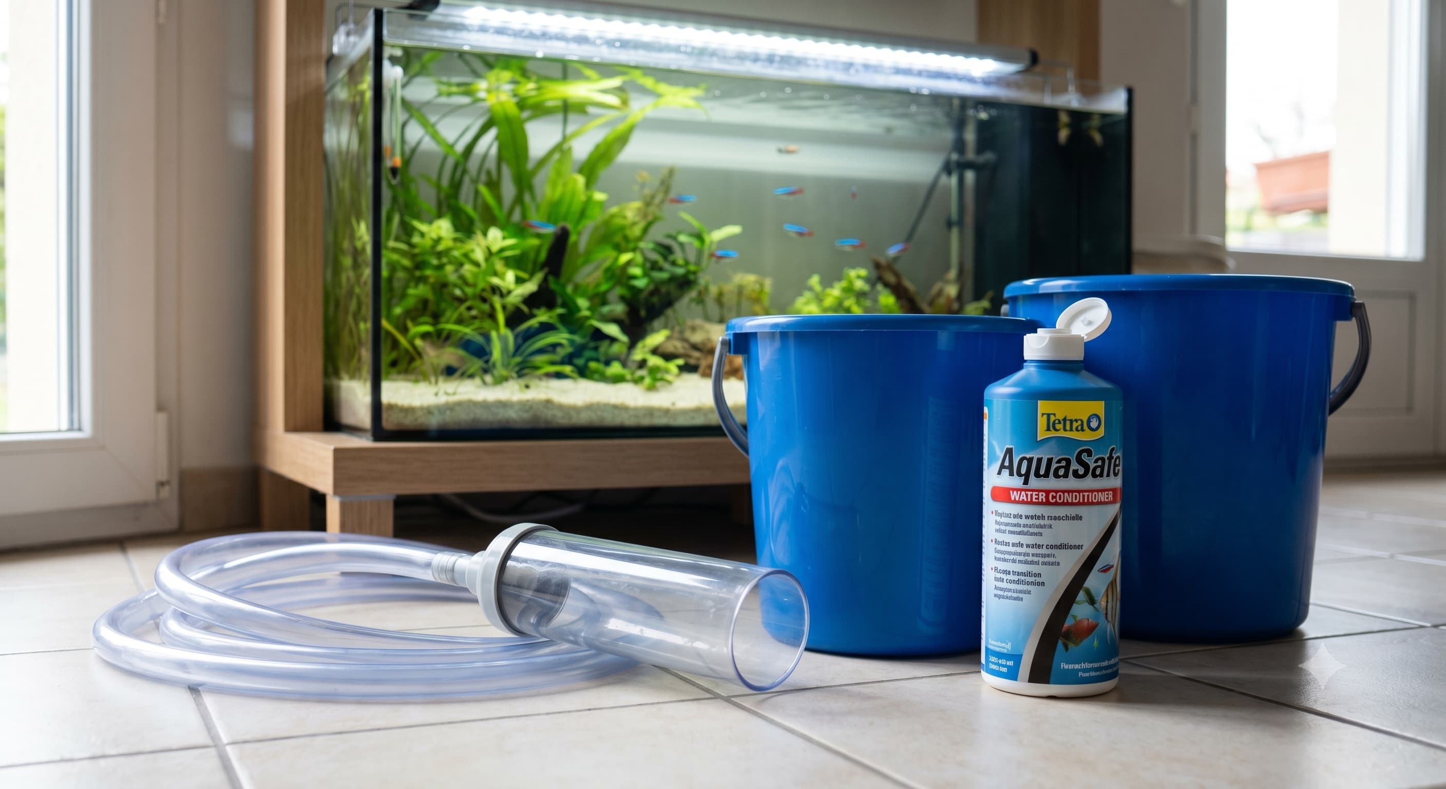 Matériel de changement d'eau d'aquarium : siphon-cloche, seaux et conditionneur