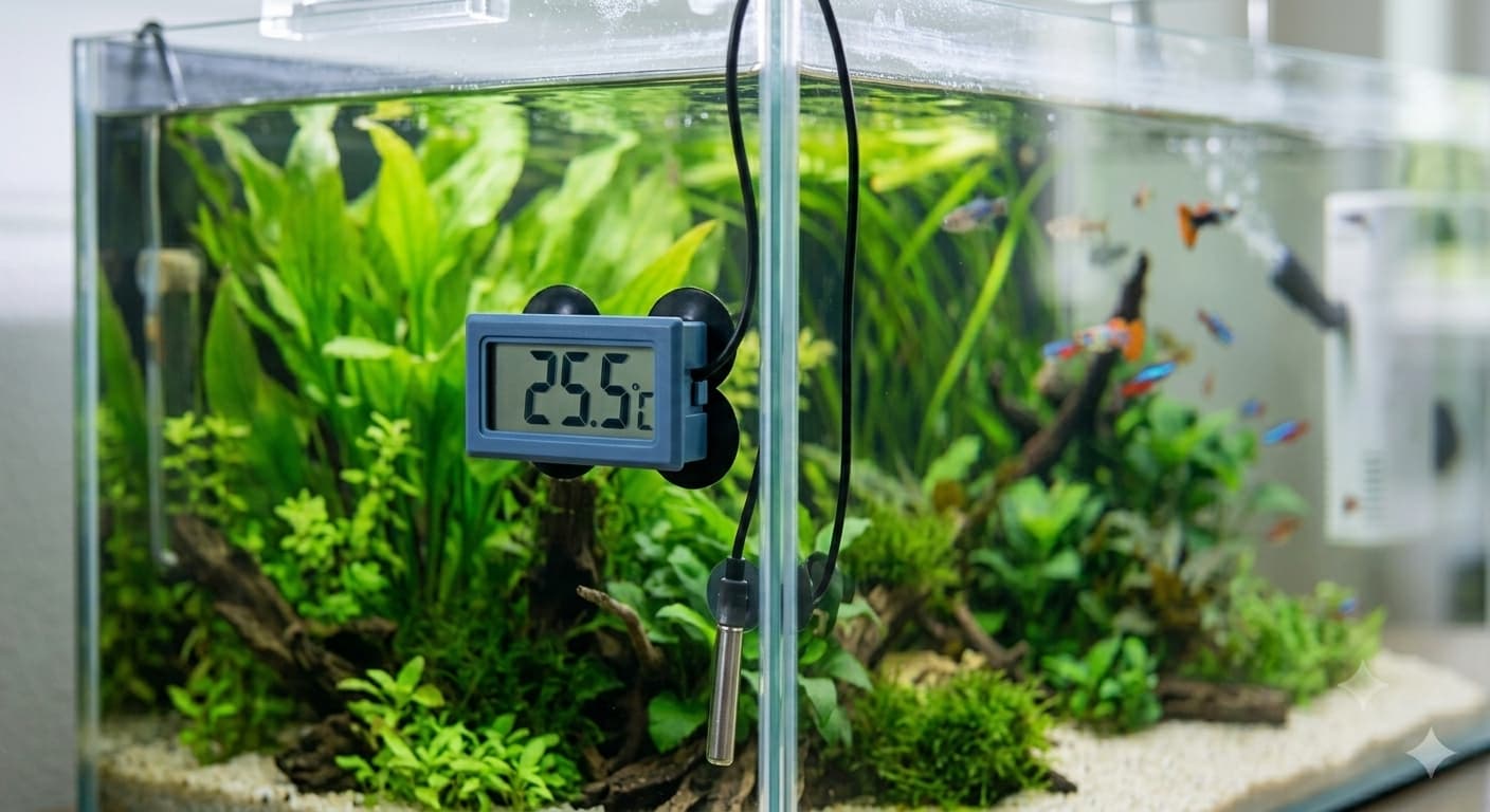 Thermomètre digital affichant la température sur la vitre d'un aquarium