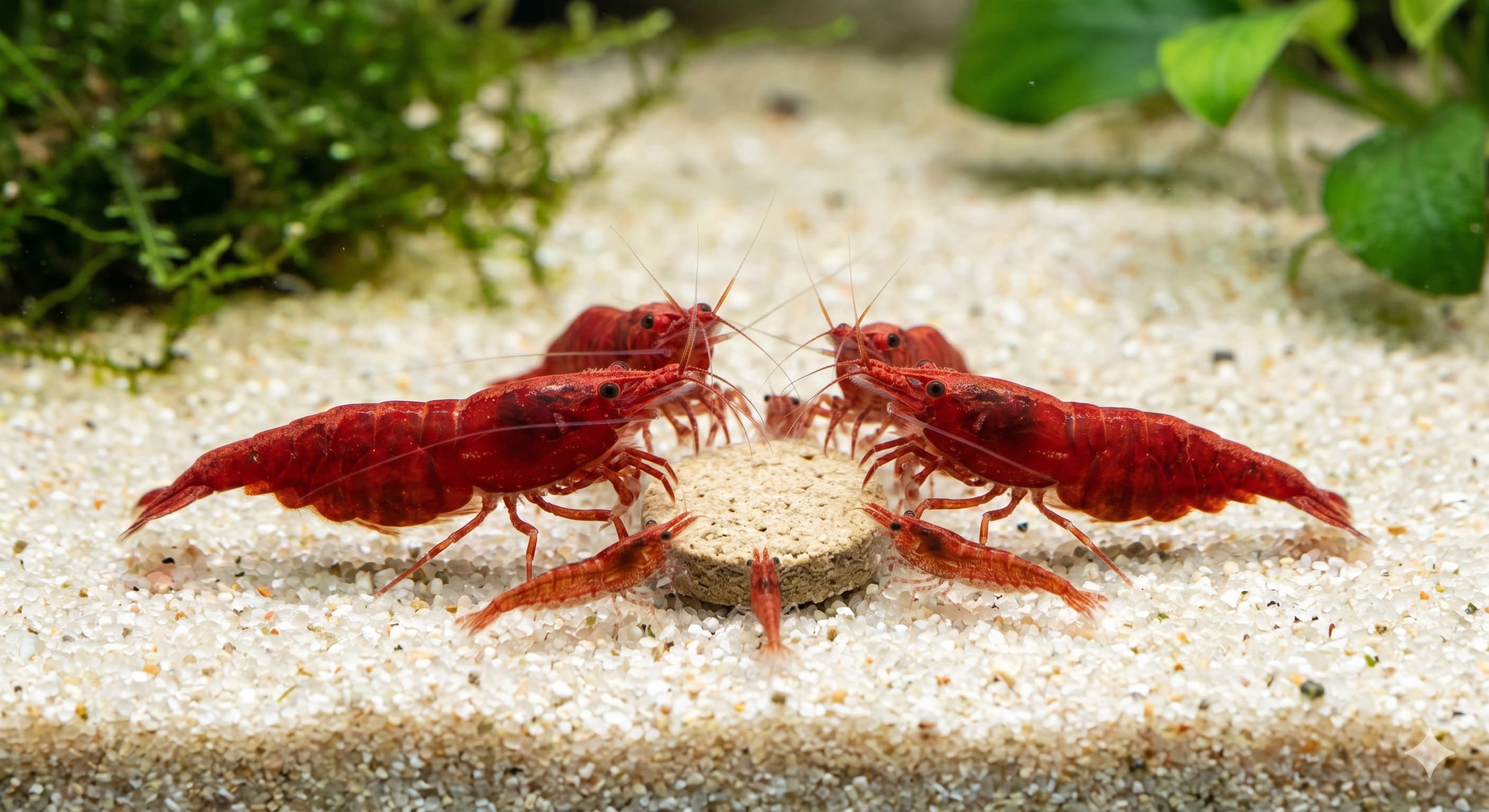 Groupe de crevettes Red Cherry adultes et juvéniles autour d'une pastille de nourriture