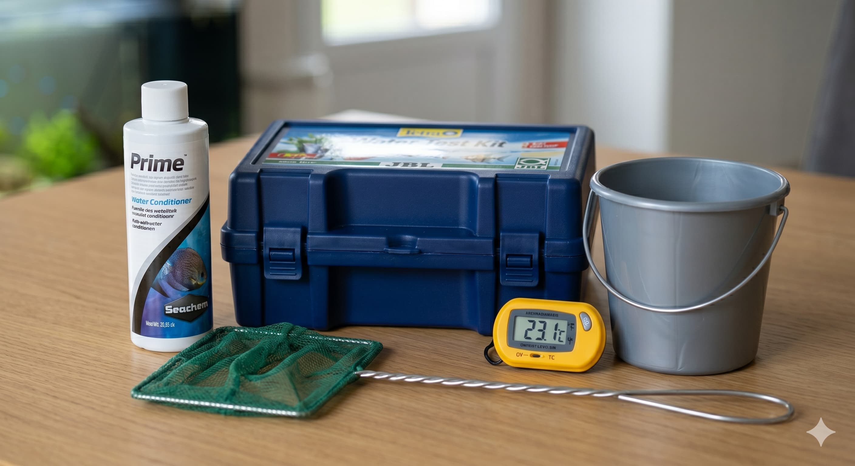 Matériel indispensable pour démarrer un aquarium : conditionneur, tests en gouttes, épuisette et thermomètre