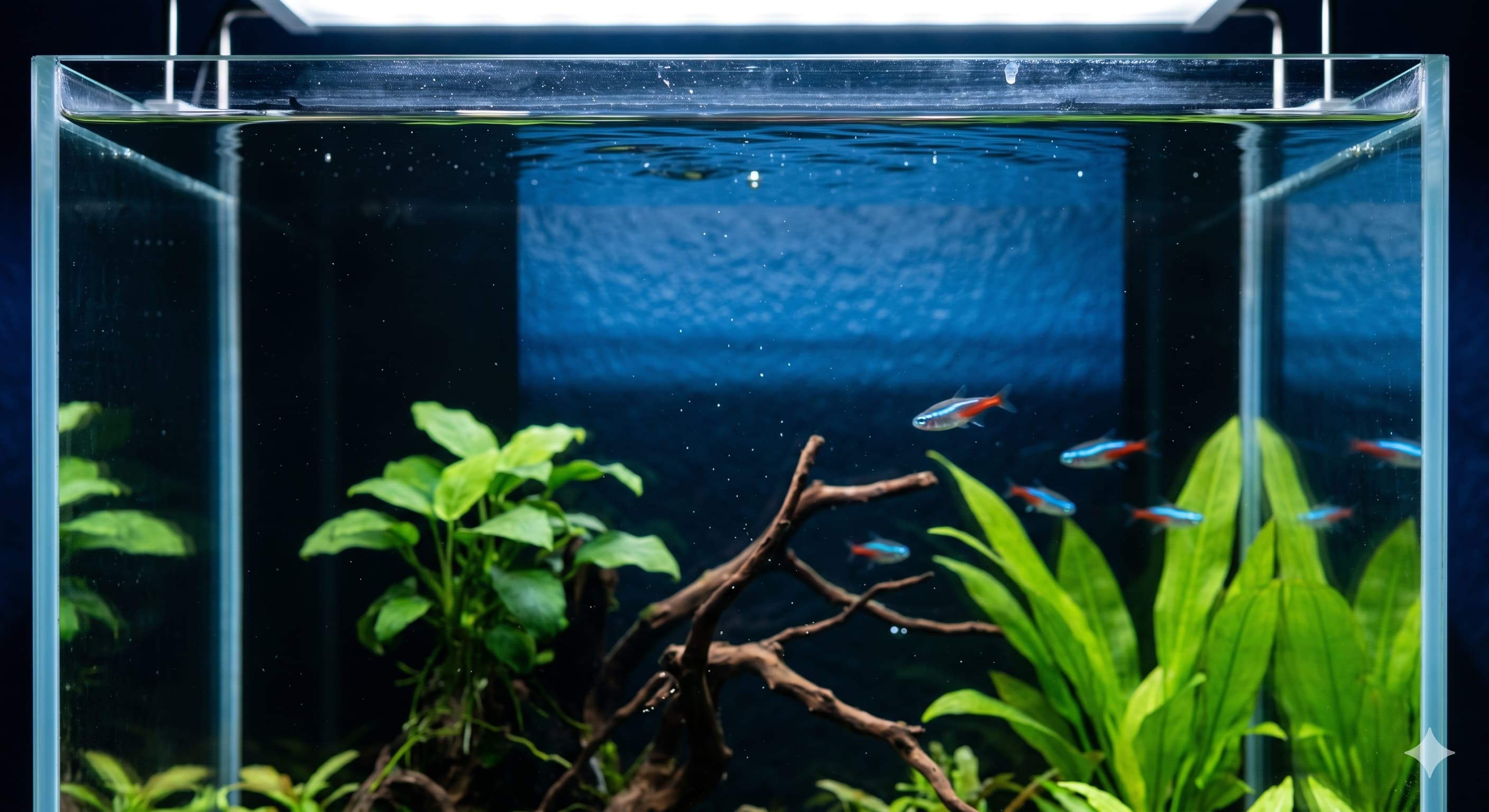Colonne d'eau parfaitement limpide dans un aquarium planté