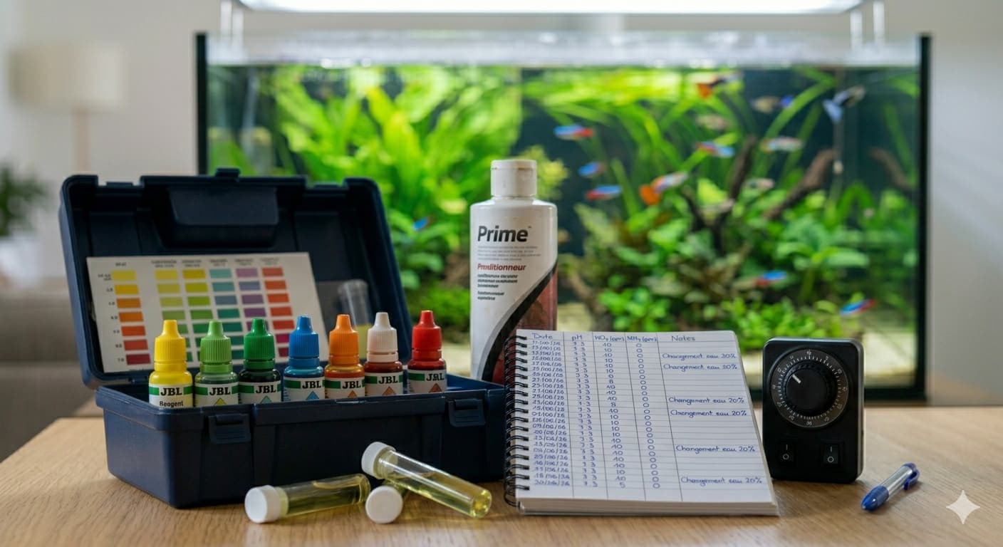 Matériel de routine aquariophile : tests, carnet de suivi, conditionneur et minuterie