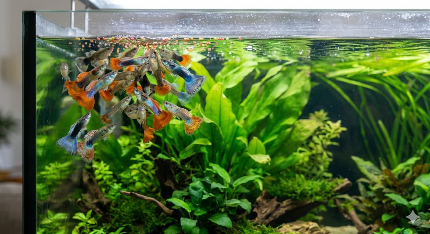 Poissons regroupés en surface d'un aquarium au moment du nourrissage