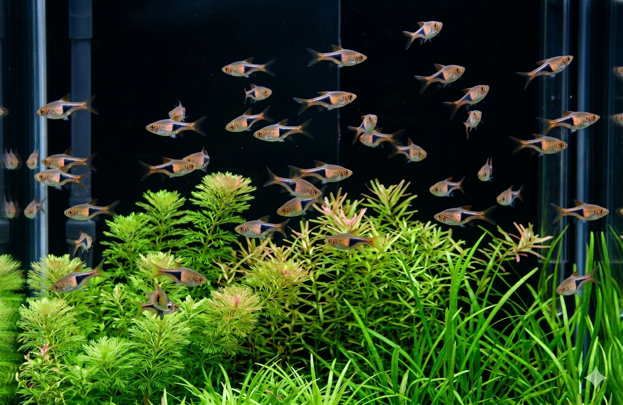 Banc de rasboras de Hengel en formation dans un aquarium de 60 cm