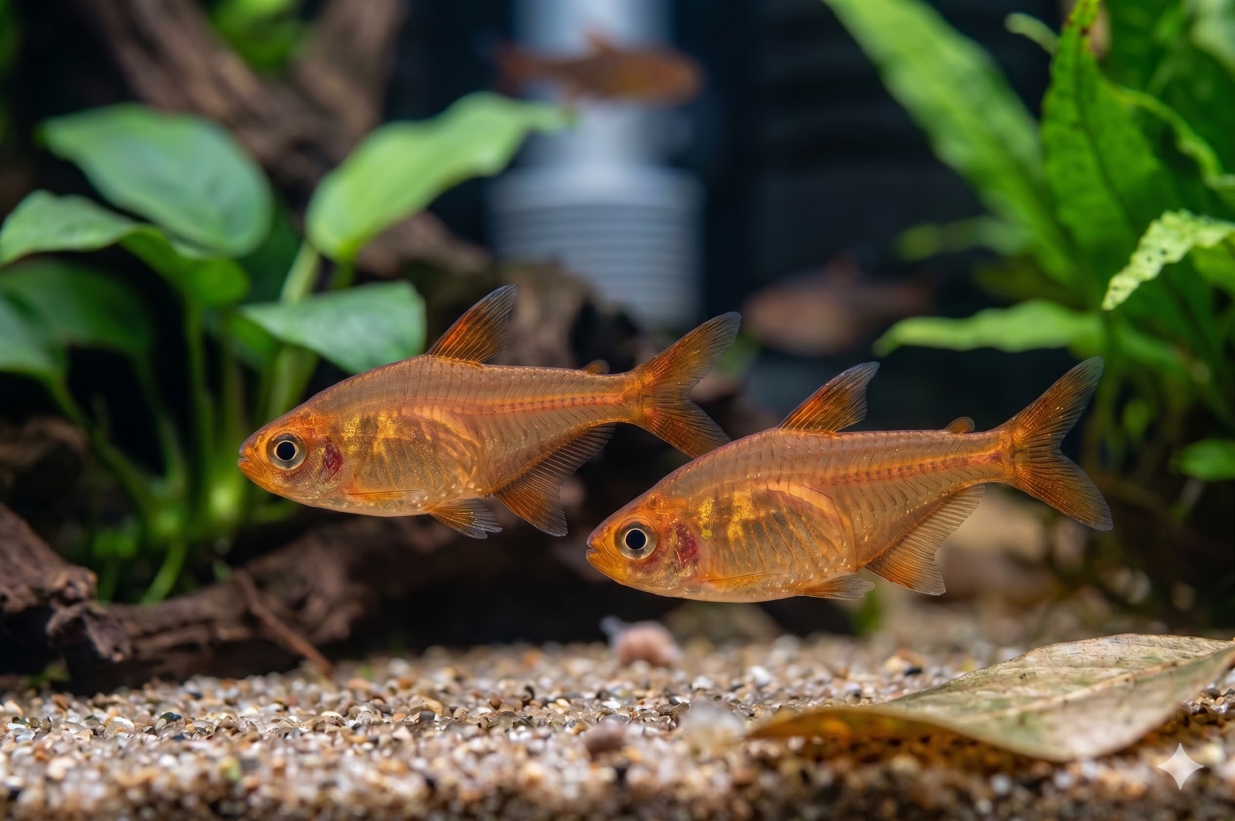 Tétras amande orange vif sur fond de plantes dans un aquarium de 60 litres
