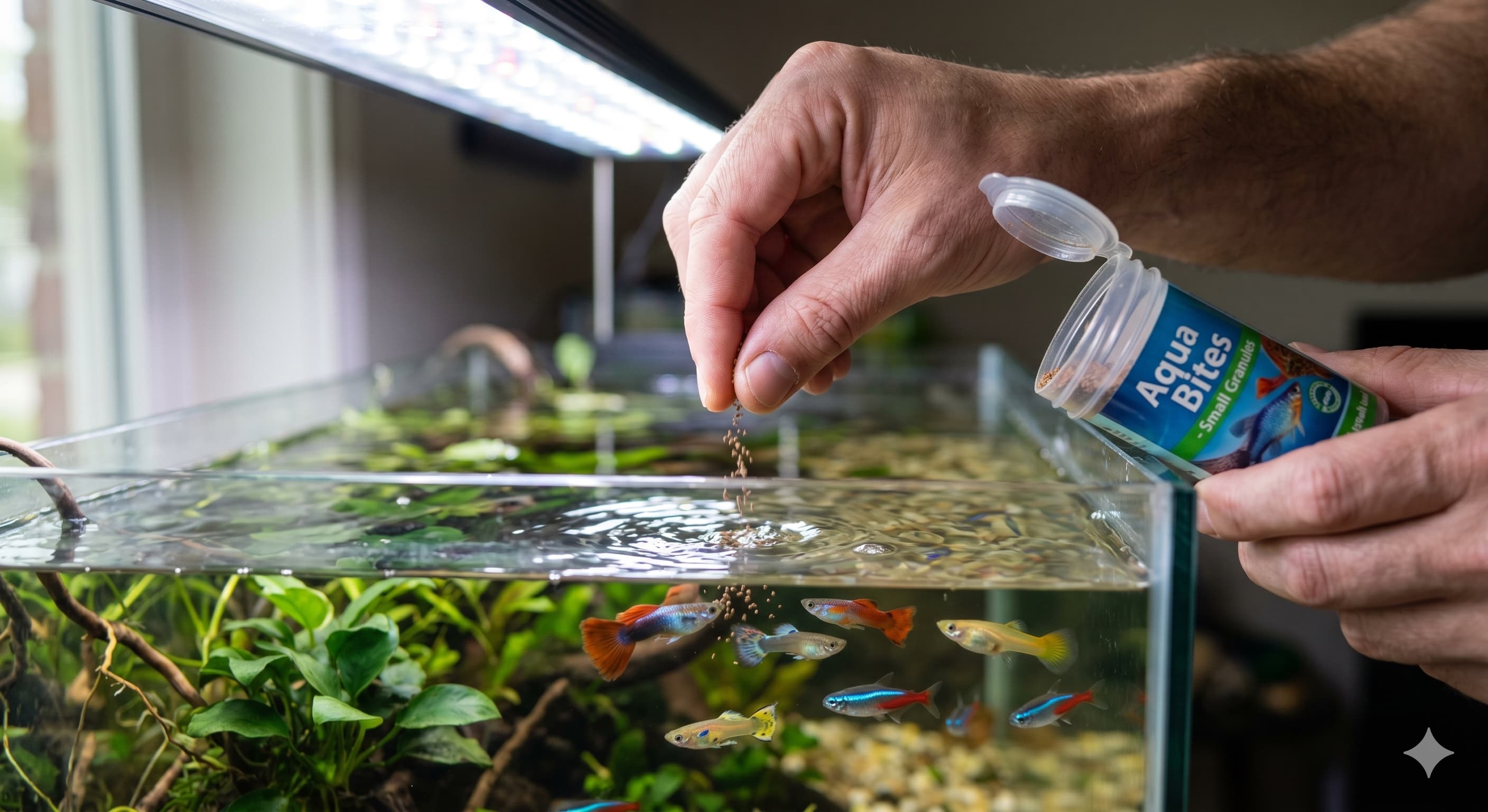 Dosage d'une pincée de micro-granulés au-dessus d'un aquarium