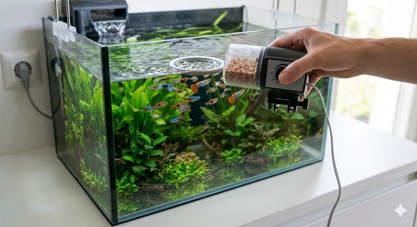 Distributeur automatique de nourriture installé sur le rebord d'un aquarium