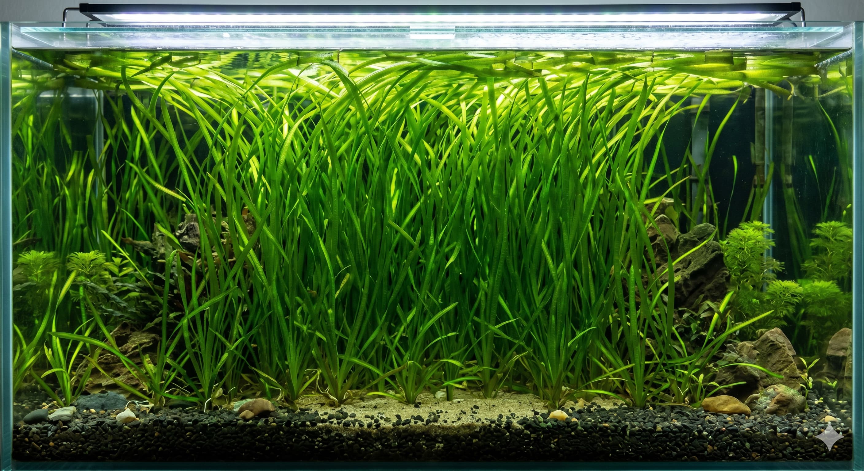 Rideau de Vallisneria atteignant la surface dans un aquarium planté