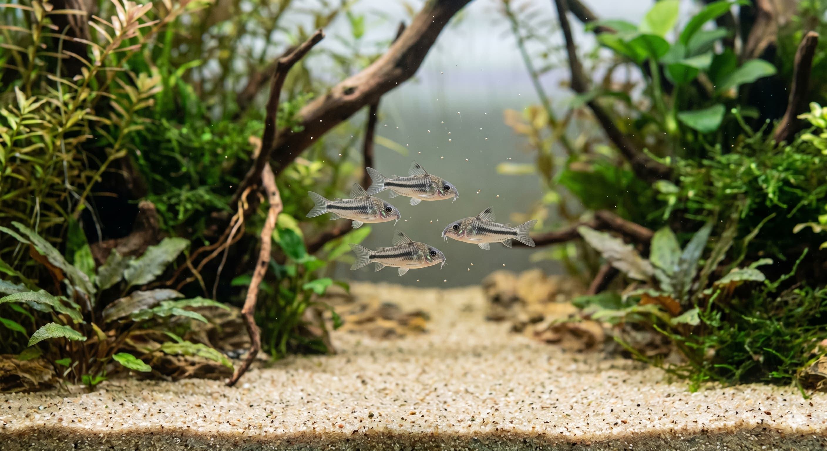 Corydoras pygmaeus nageant en pleine eau dans un aquarium de 60 litres