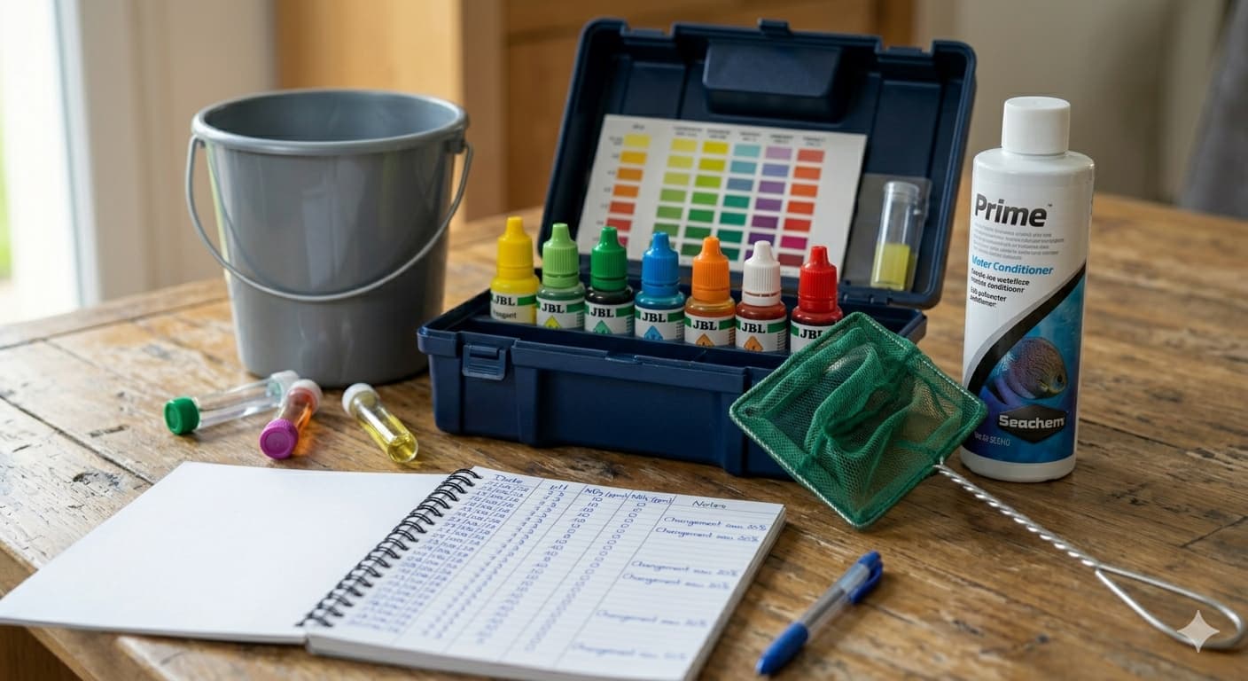 Kit d'urgence aquariophile : tests d'eau, conditionneur, épuisette et seau