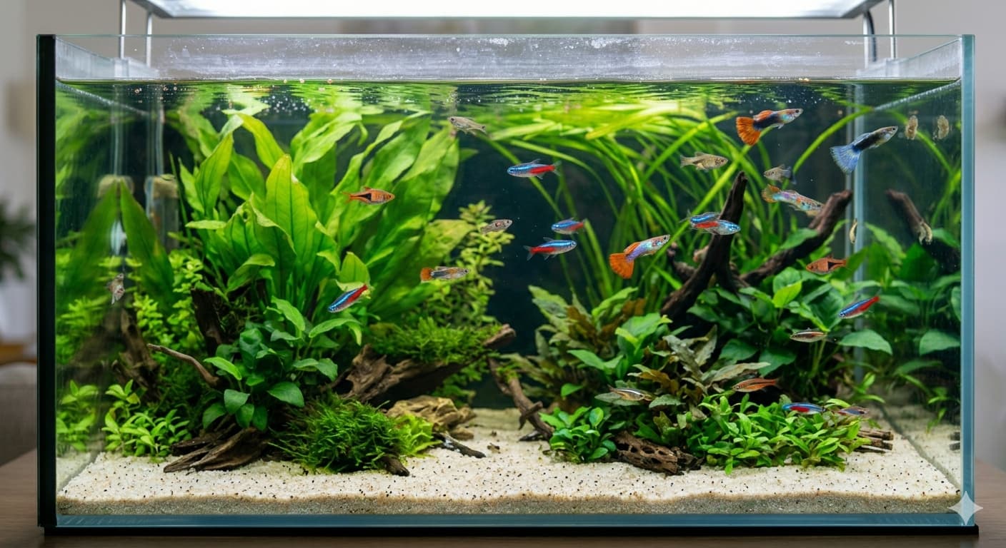Banc de poissons actifs regroupés au moment du nourrissage dans un aquarium en bonne santé