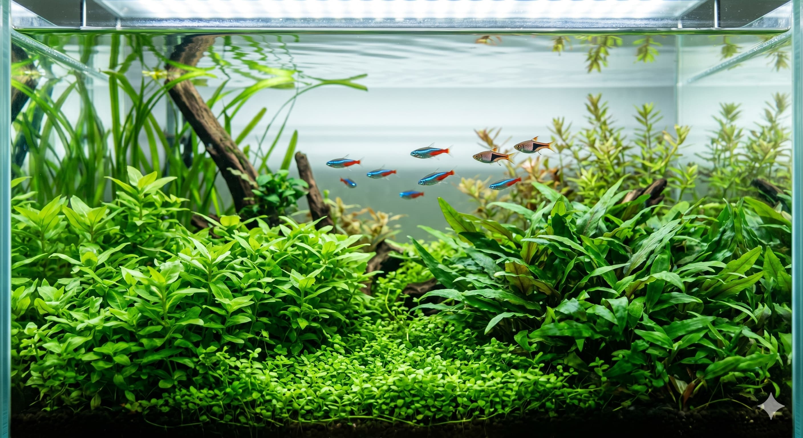 Aquarium densément planté illustrant l'investissement dans les plantes vivantes
