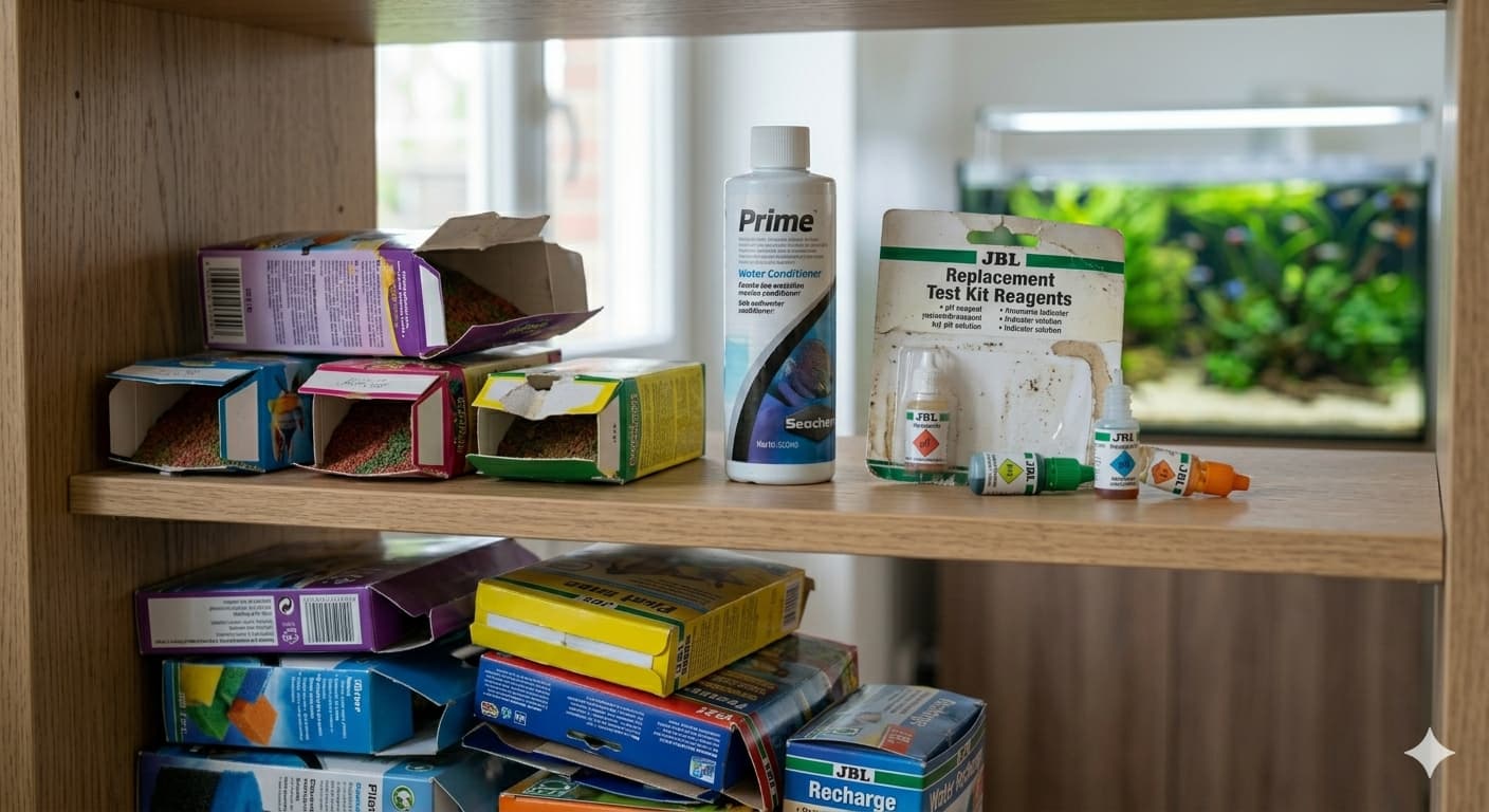 Consommables mensuels d'un aquarium : nourriture, conditionneur et recharges de tests