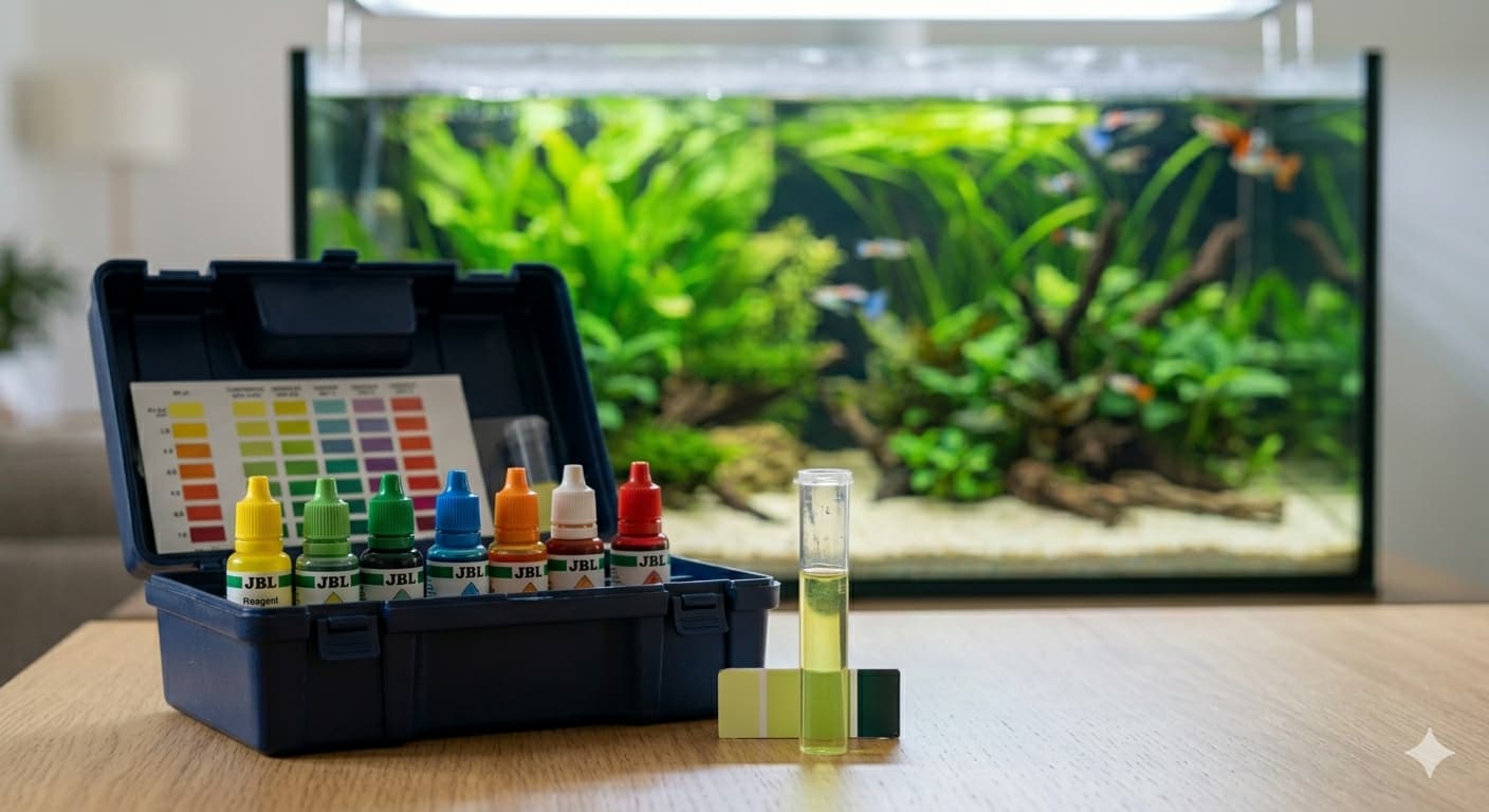Test nitrites en gouttes, tube comparé à la charte de couleurs