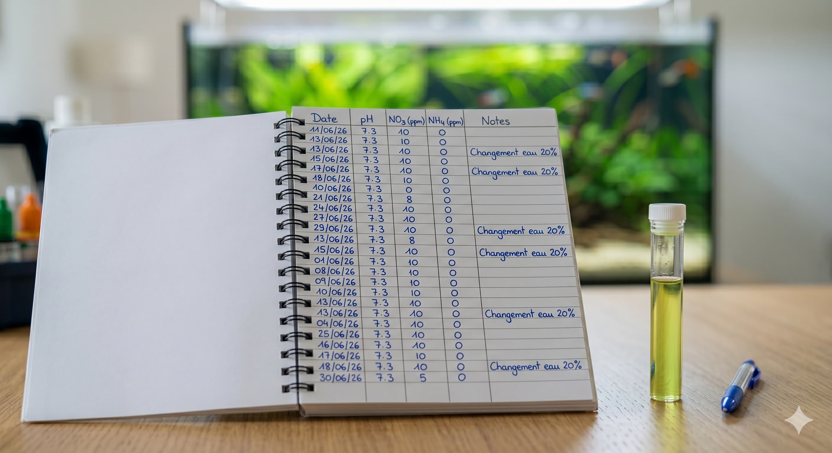 Carnet de suivi des paramètres d'eau d'un aquarium avec tube de test en gouttes